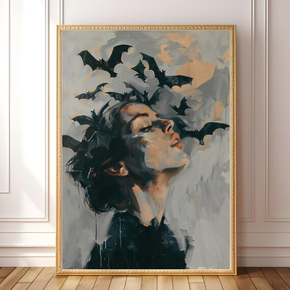Bat Surreal Portrait Gothic Woman Print Feminine Horror Whimsigoth Decor Halloween Wall Art Witchy