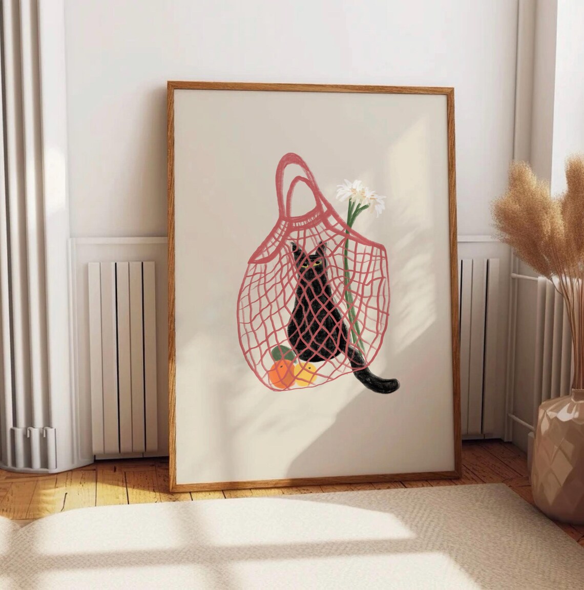 Black Cat In Pink Mesh Market Bag Daisies Funny Animal Poster - Image 3