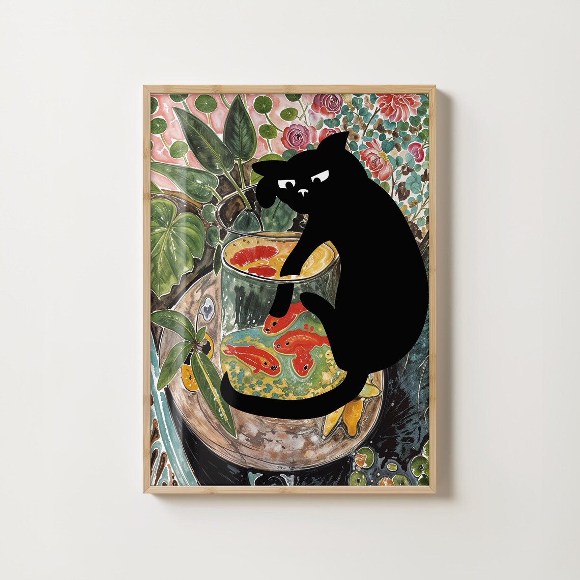 Henri Matisse Style Black Cat With Goldfish Bowl Botanical Art Poster - Image 2