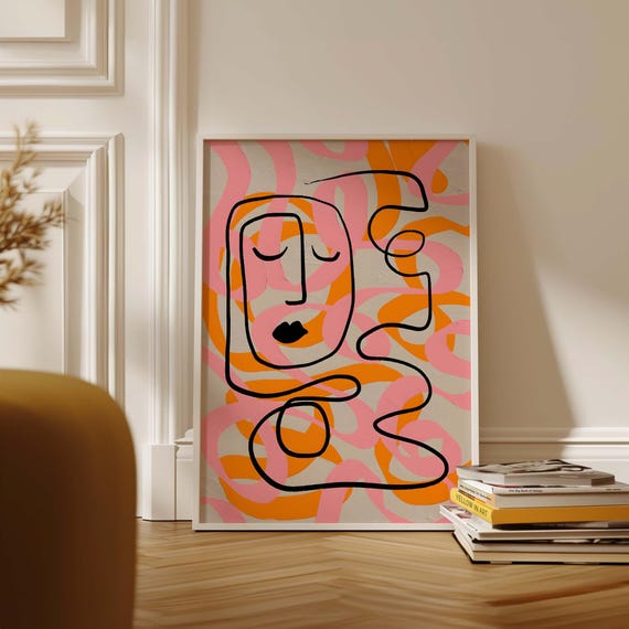 Pablo Picasso Colorful Abstract Line Art Poster Pink Orange Geometric Modern Minimalist Face Vibrant Decor