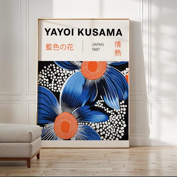 Yayoi Kusama Inspired Blue Flower Poster Japanese Modern Art Polka Dot Wall Decor For Bold Interiors
