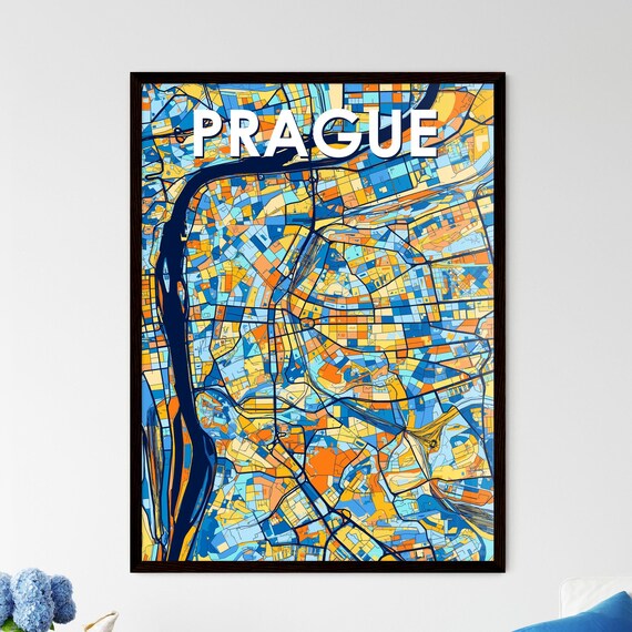 Prague Colorful City Map Street Mosaic Blue Orange Art Poster