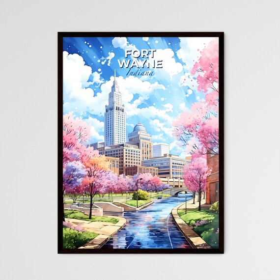 Fort Wayne Indiana Skyline Travel Poster Cherry Blossom River City Decor
