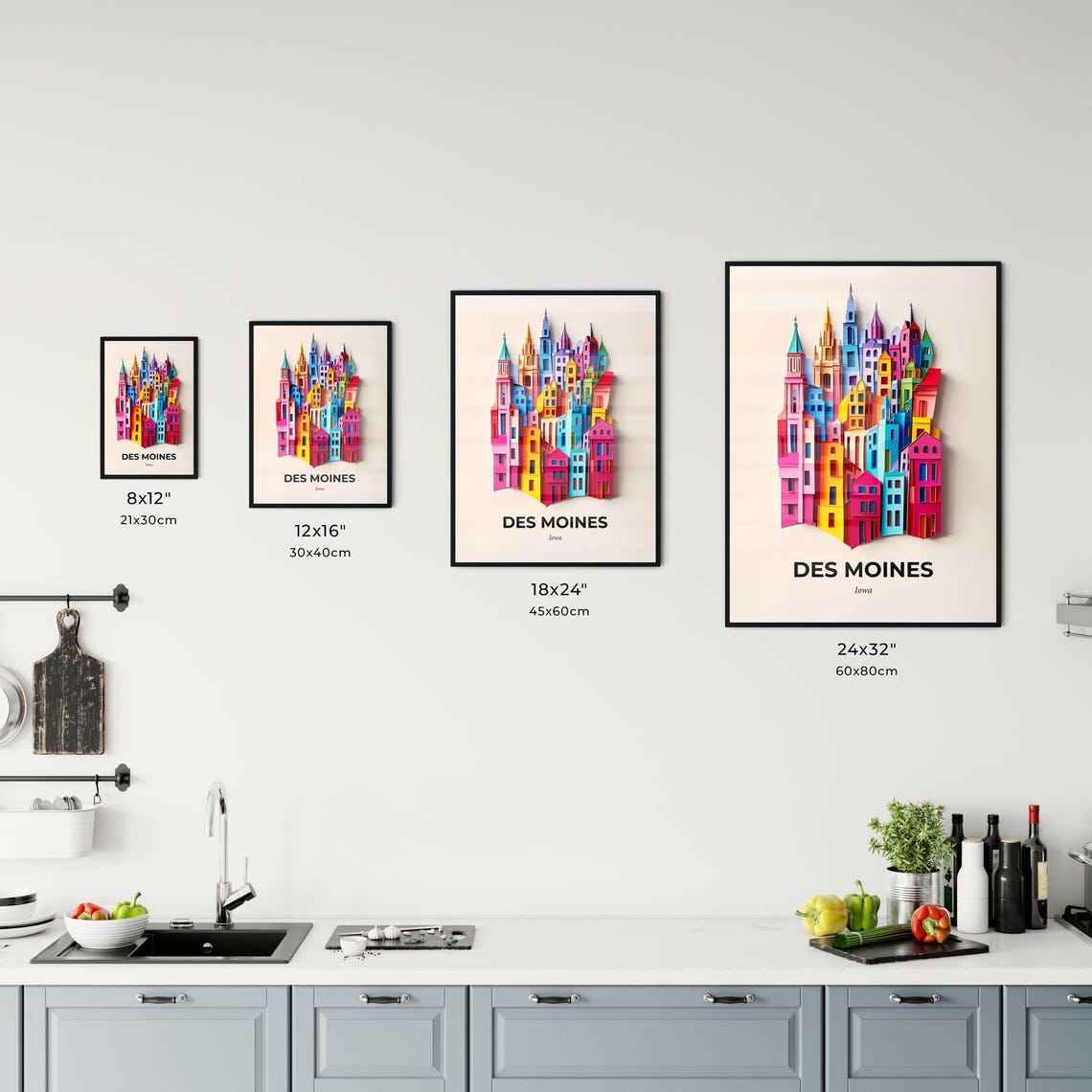 Des Moines Iowa Colorful Paper Cut Church Spires Scene Poster - Image 3