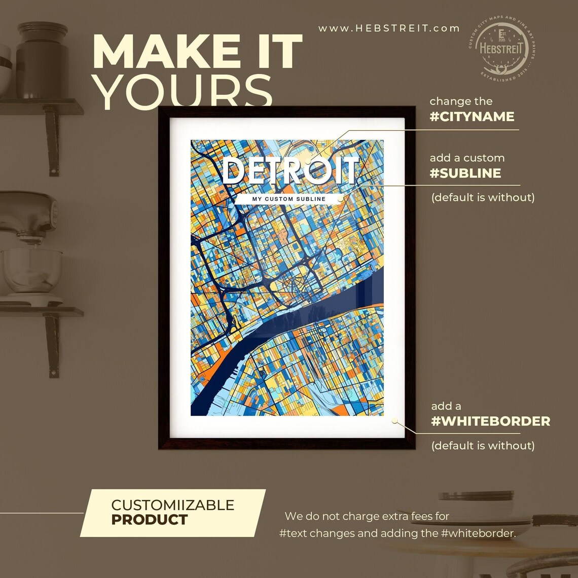 Detroit Michigan Vibrant Stylized Blue and Orange City Map Poster - Image 2
