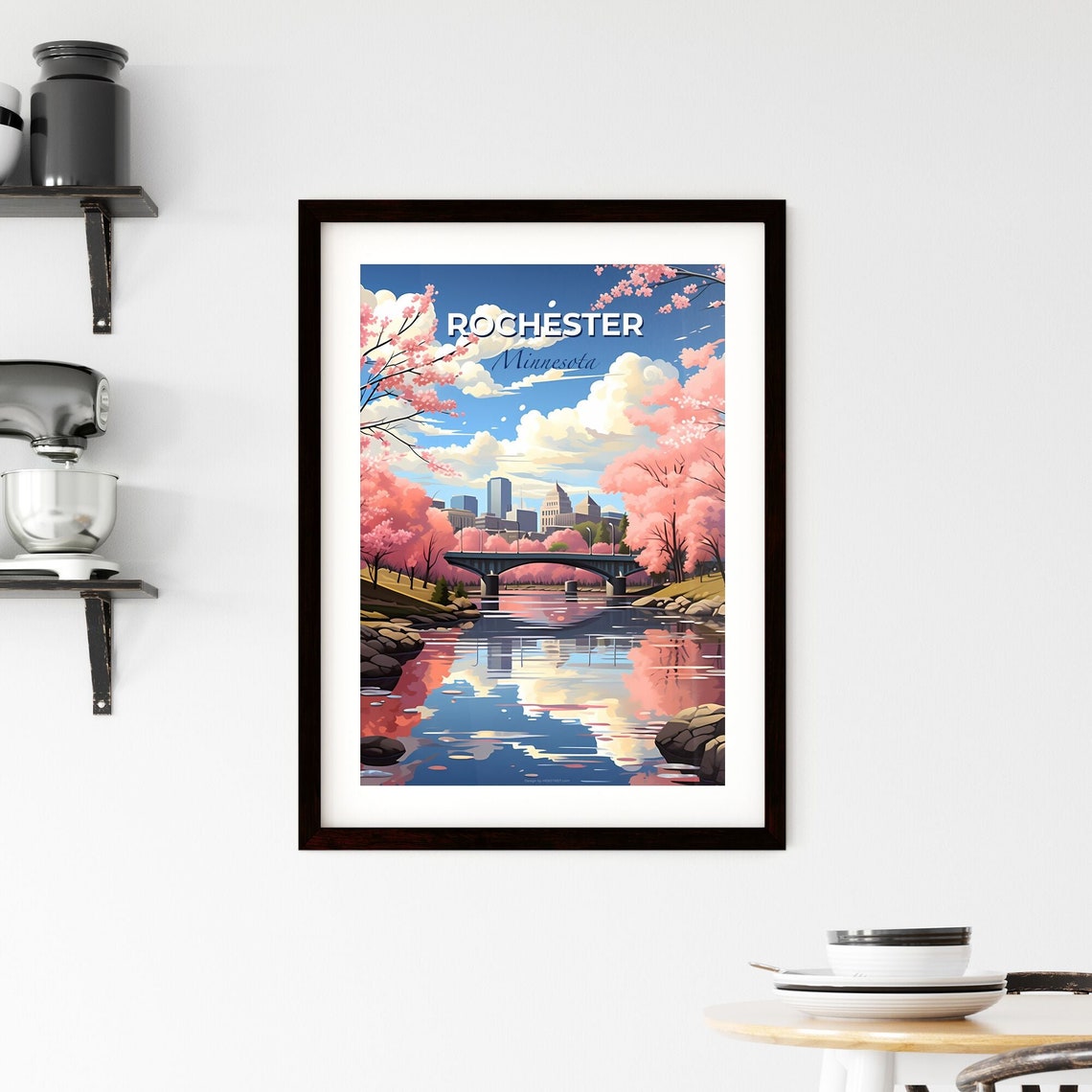 Rochester Minnesota Cherry Blossom Bridge River Skyline Art Poster - Image 2