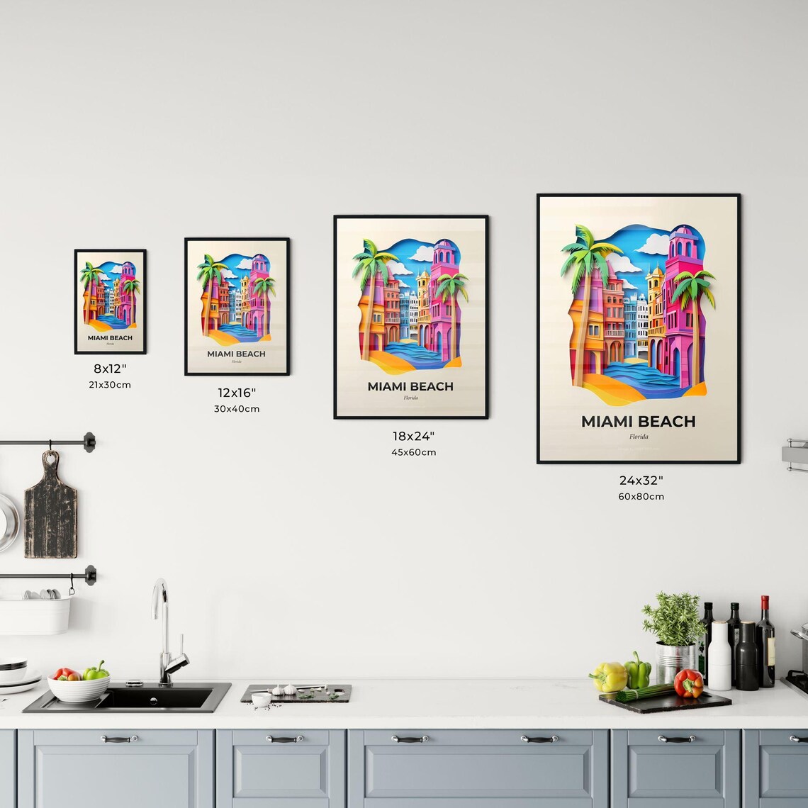 Miami Beach Florida Art Deco Street Scene Paper Cut Travel Poster - Image 3