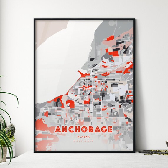 Anchorage Alaska Bold Red and Gray Modern Abstract City Map Poster