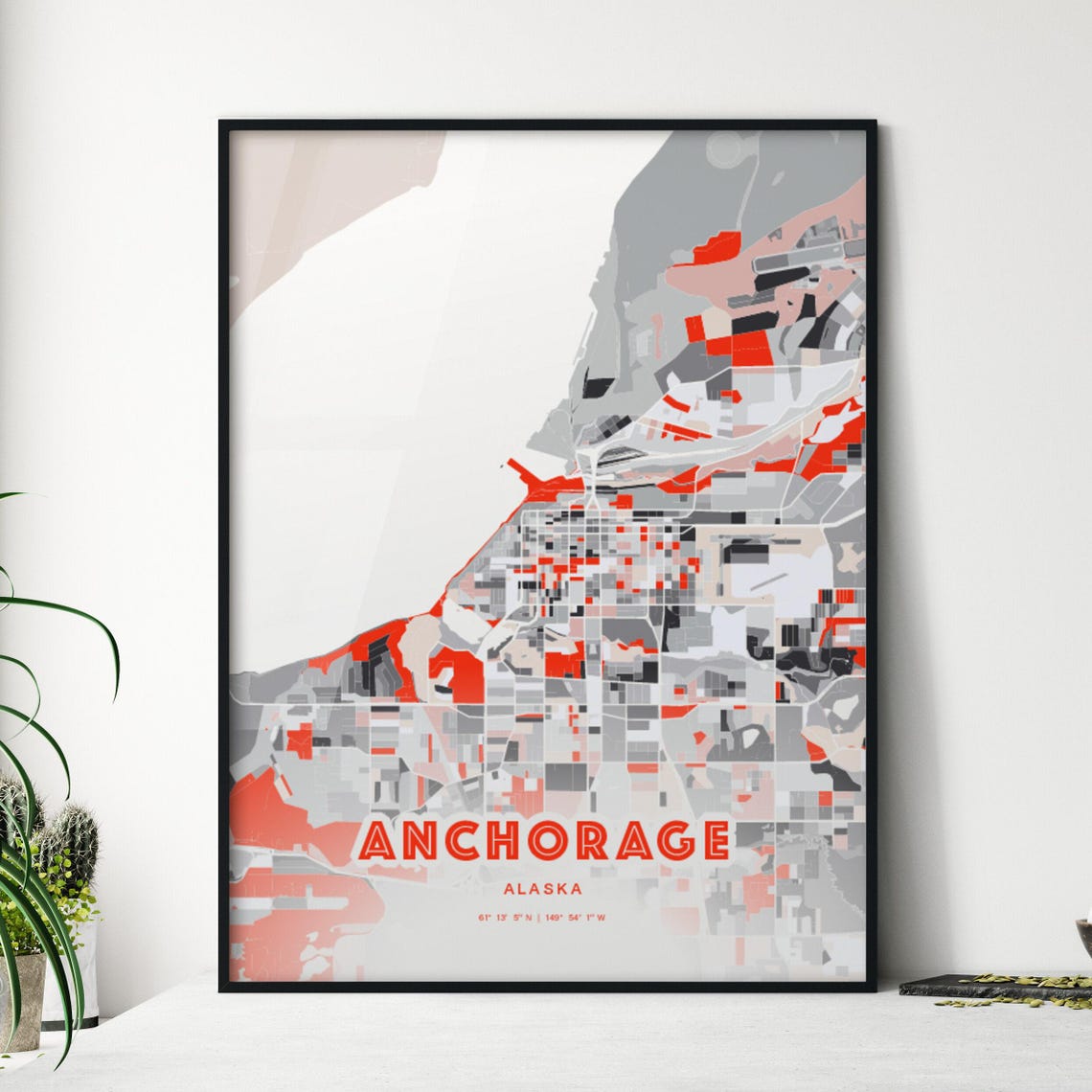 Anchorage Alaska Bold Red and Gray Modern Abstract City Map Poster