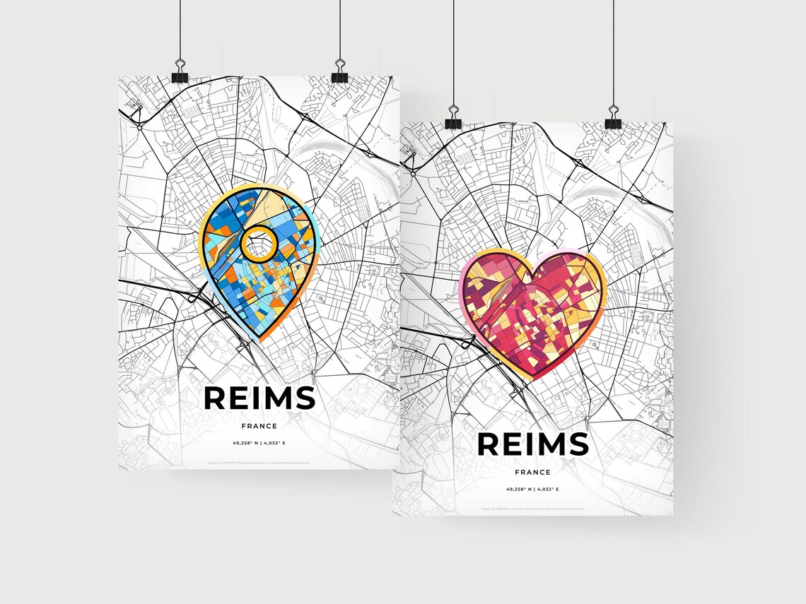 Reims France City Modern Minimalist Heart Street Map Art Poster - Image 2