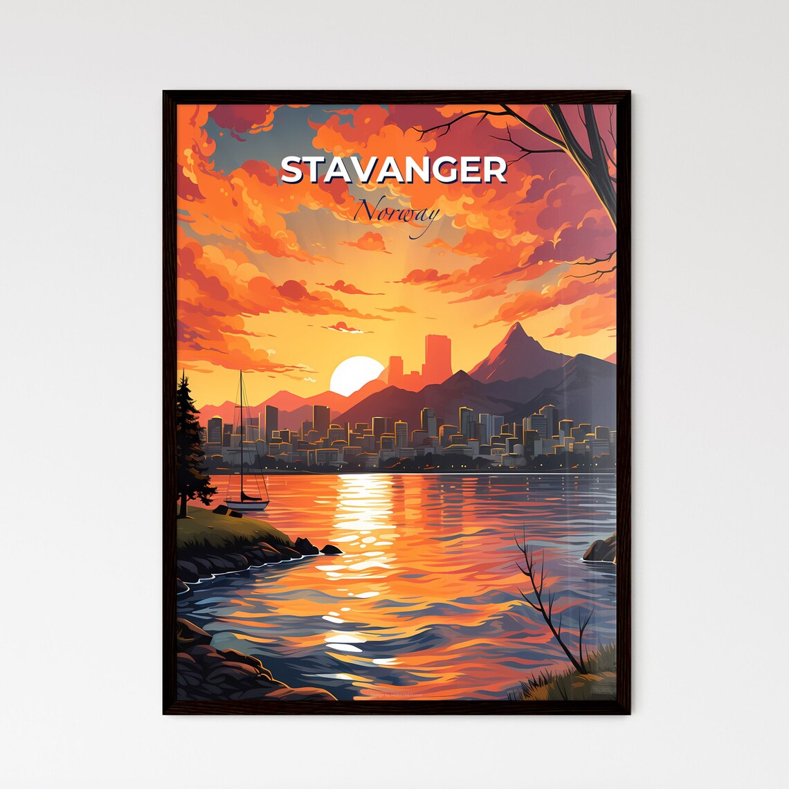 Stavanger Norway Sunset Fjord Mountain Skyline Sailboat Poster