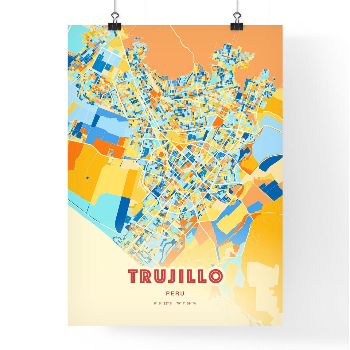 Trujillo Peru Modern Geometric Blue Orange City Map Art Poster - Image 3