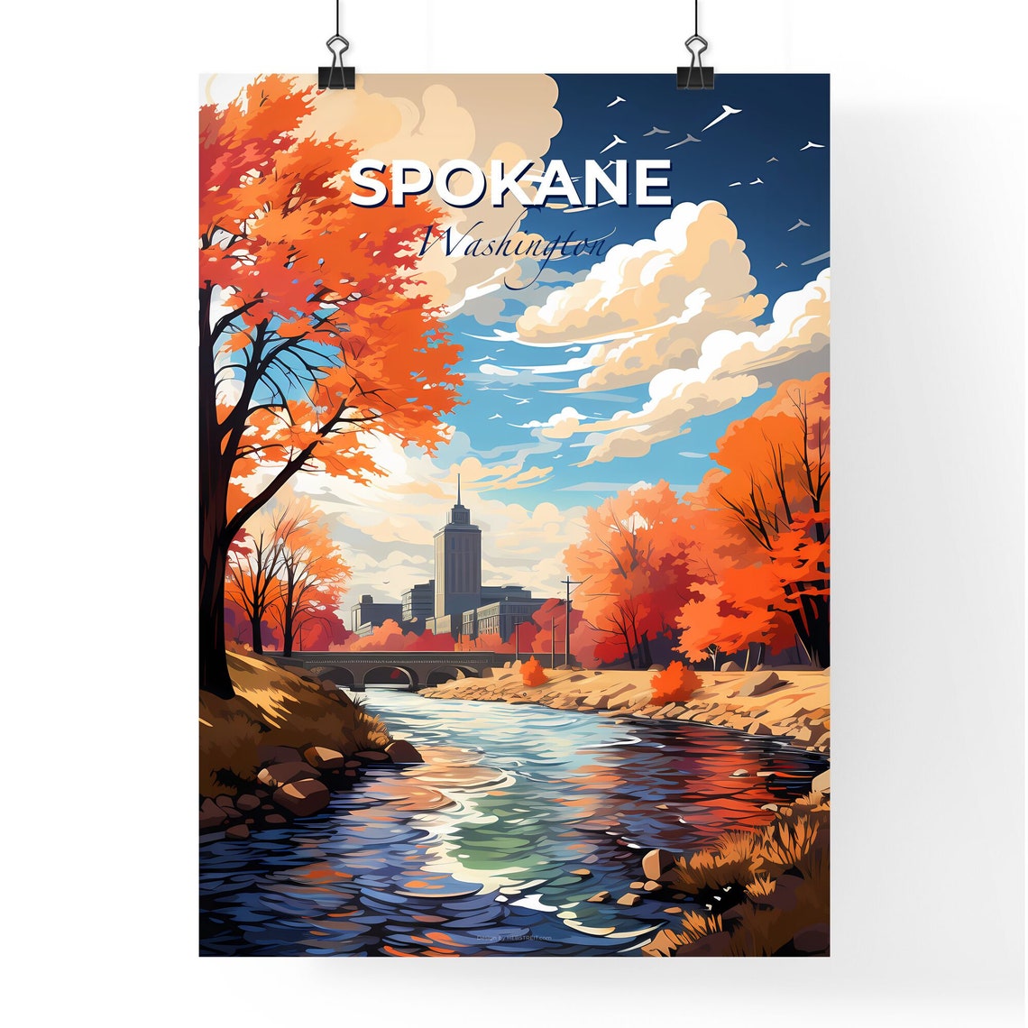 Spokane Washington Autumn River Orange Trees City Bridge Poster - Image 4