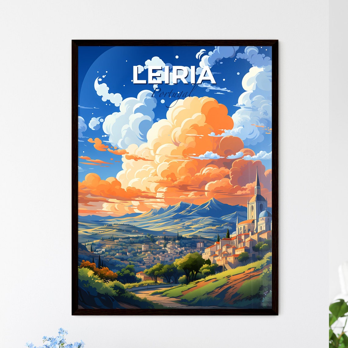 Leiria Portugal Sunset Clouds Church Spire Town View Art Poster