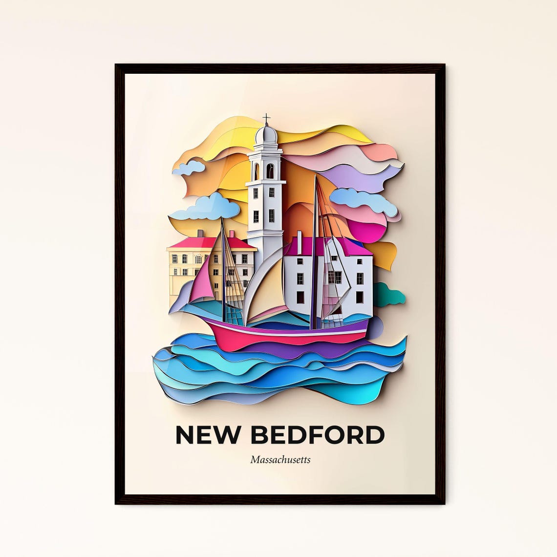 New Bedford Massachusetts Sunset Sailboat Papercut Art Poster