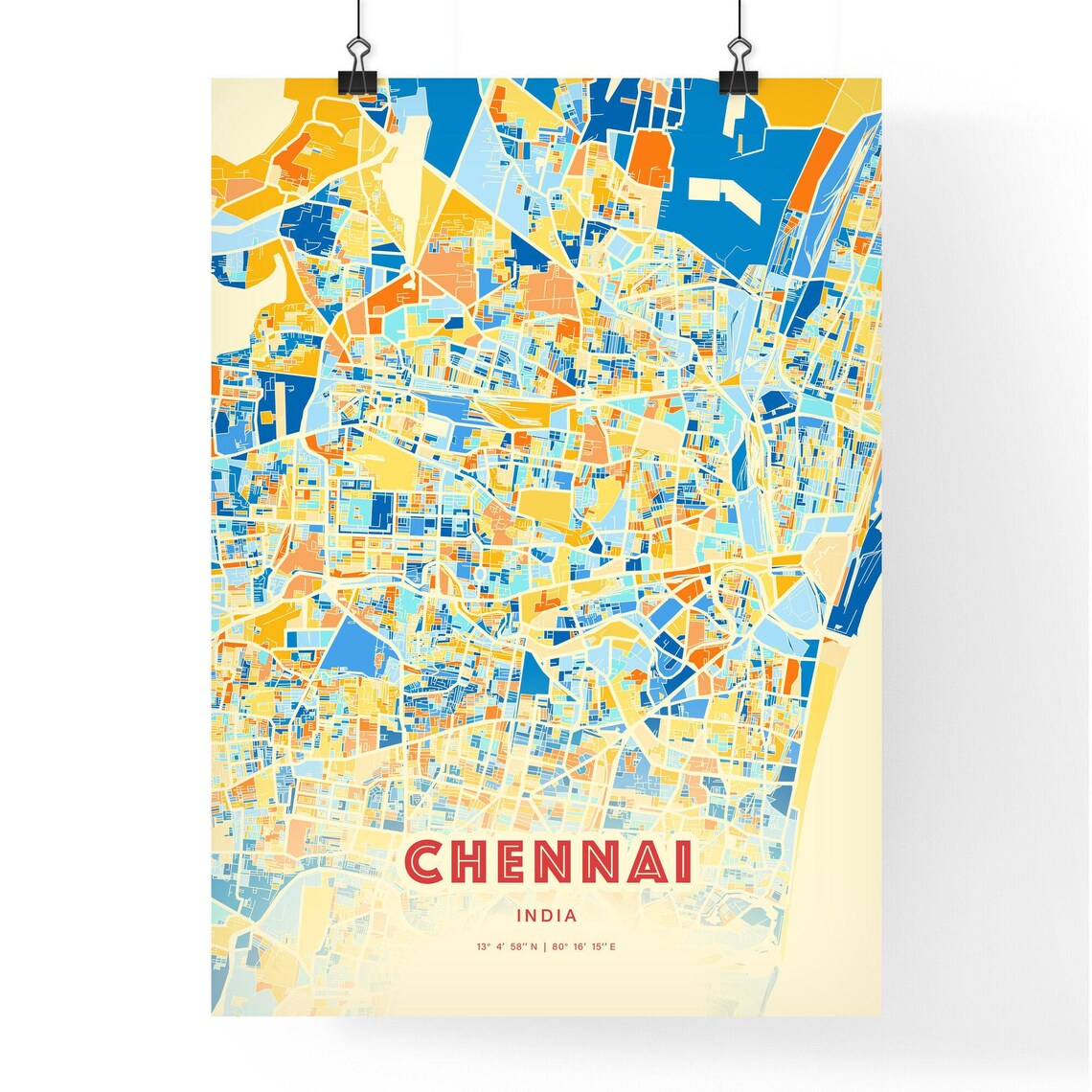 Chennai India Colorful Blue and Orange City Street Map Poster - Image 3