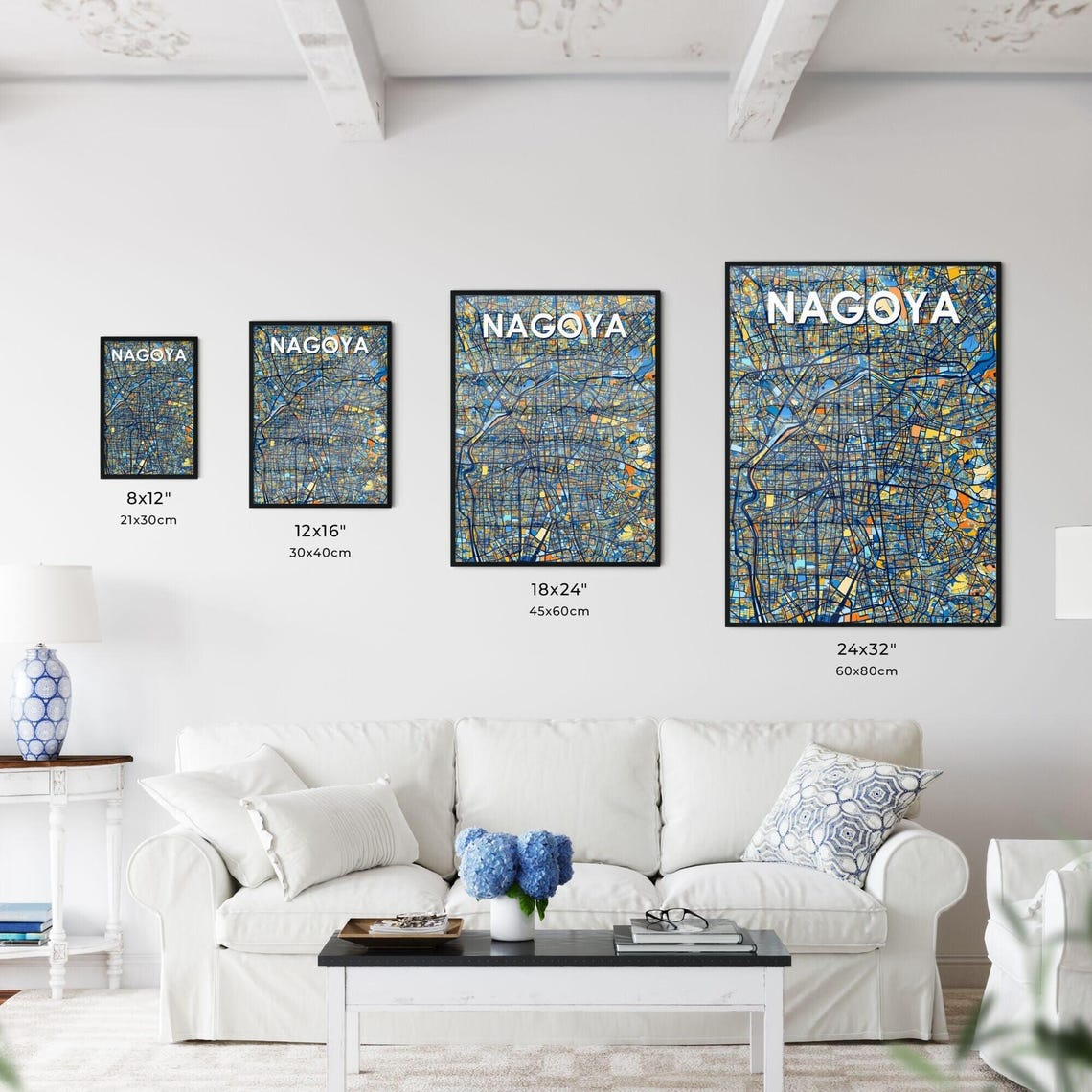 Nagoya Japan Blue Orange City Map Poster Bold Modern Street Grid Art - Image 3