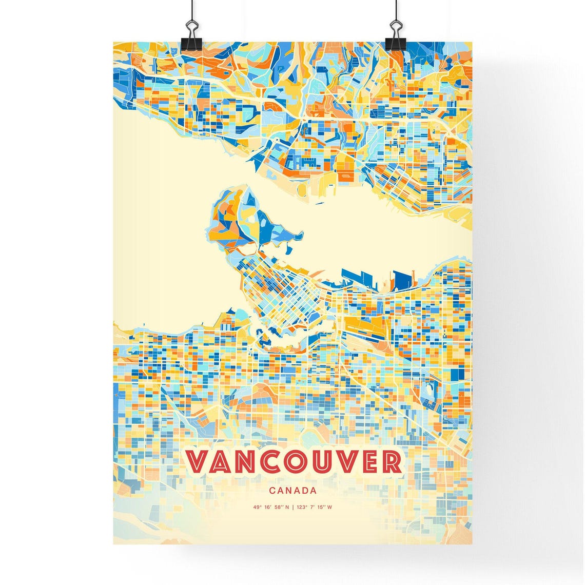 Vancouver Canada Colorful City Map Blue Orange Blocks Art Poster - Image 3