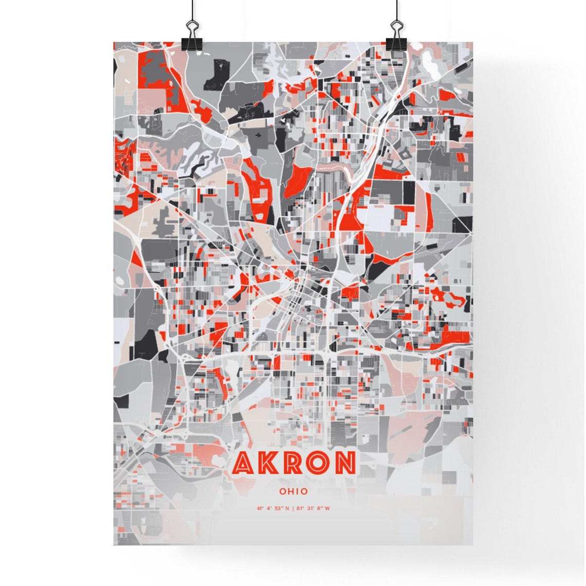Akron Ohio Expressive Red Abstract Modern City Map Art Poster - Image 3