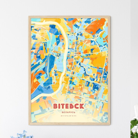 Vitebsk Belarus Blue Orange Colorful City Map Art Poster With Coordinates