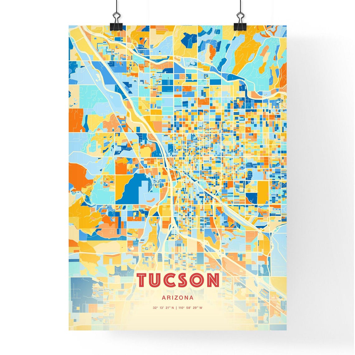 Tucson Arizona Blue Orange Sunlit Desert City Map Art Poster - Image 3