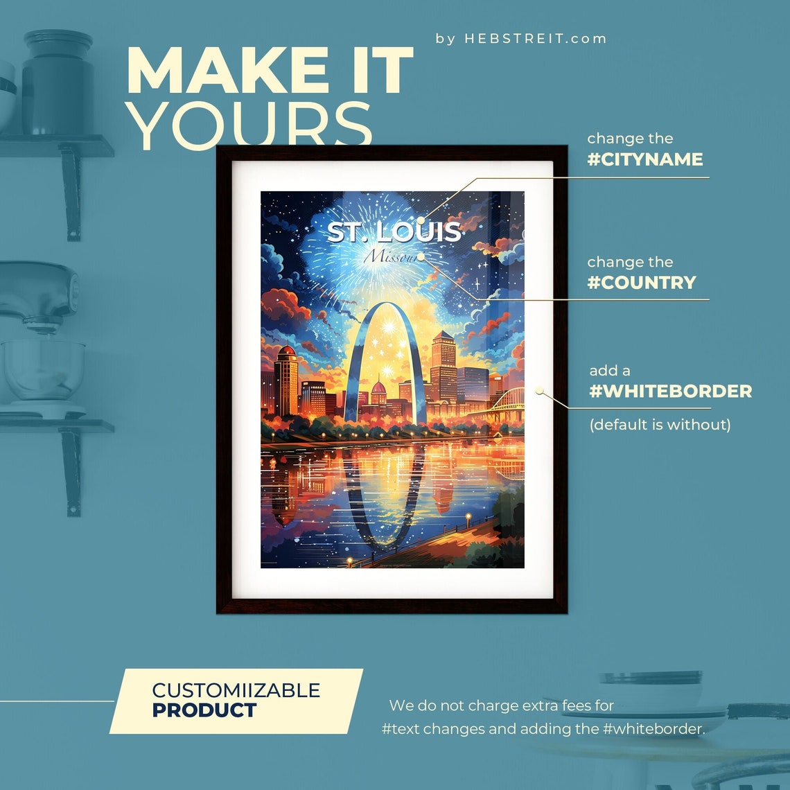 St. Louis Missouri Gateway Arch Fireworks Night Travel Poster - Image 2
