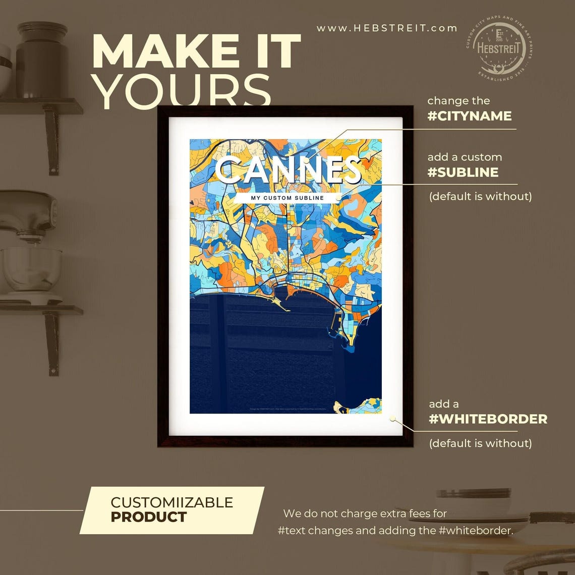 Cannes France Colorful Blue and Orange Coastal City Map Poster - Image 2