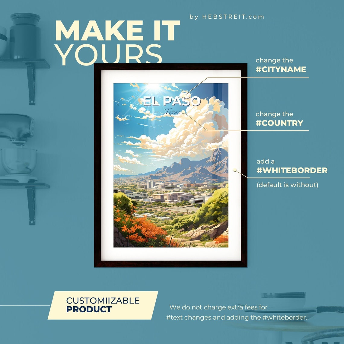 El Paso Texas Desert Mountain Cityscape Wildflower Travel Poster - Image 2