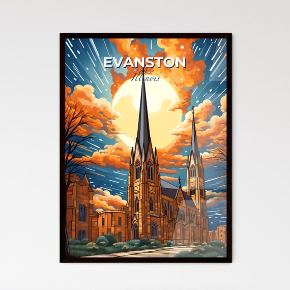 Evanston Illinois A Church With A Large Moon Travel Skylines Collection Customizable