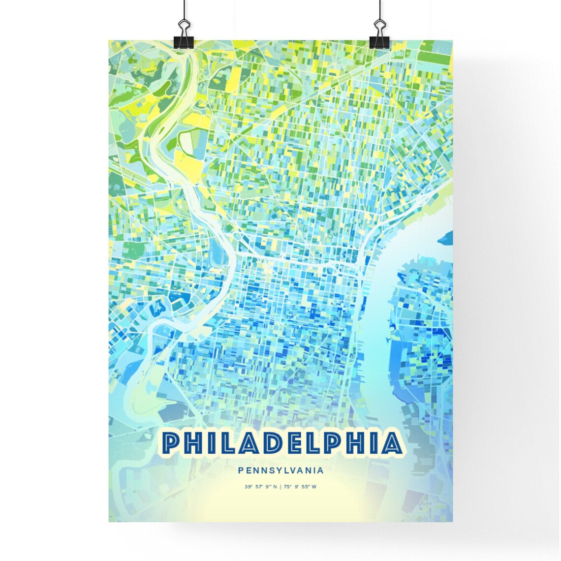 Philadelphia Pennsylvania Bluish Watercolor City Map Art Poster - Image 3