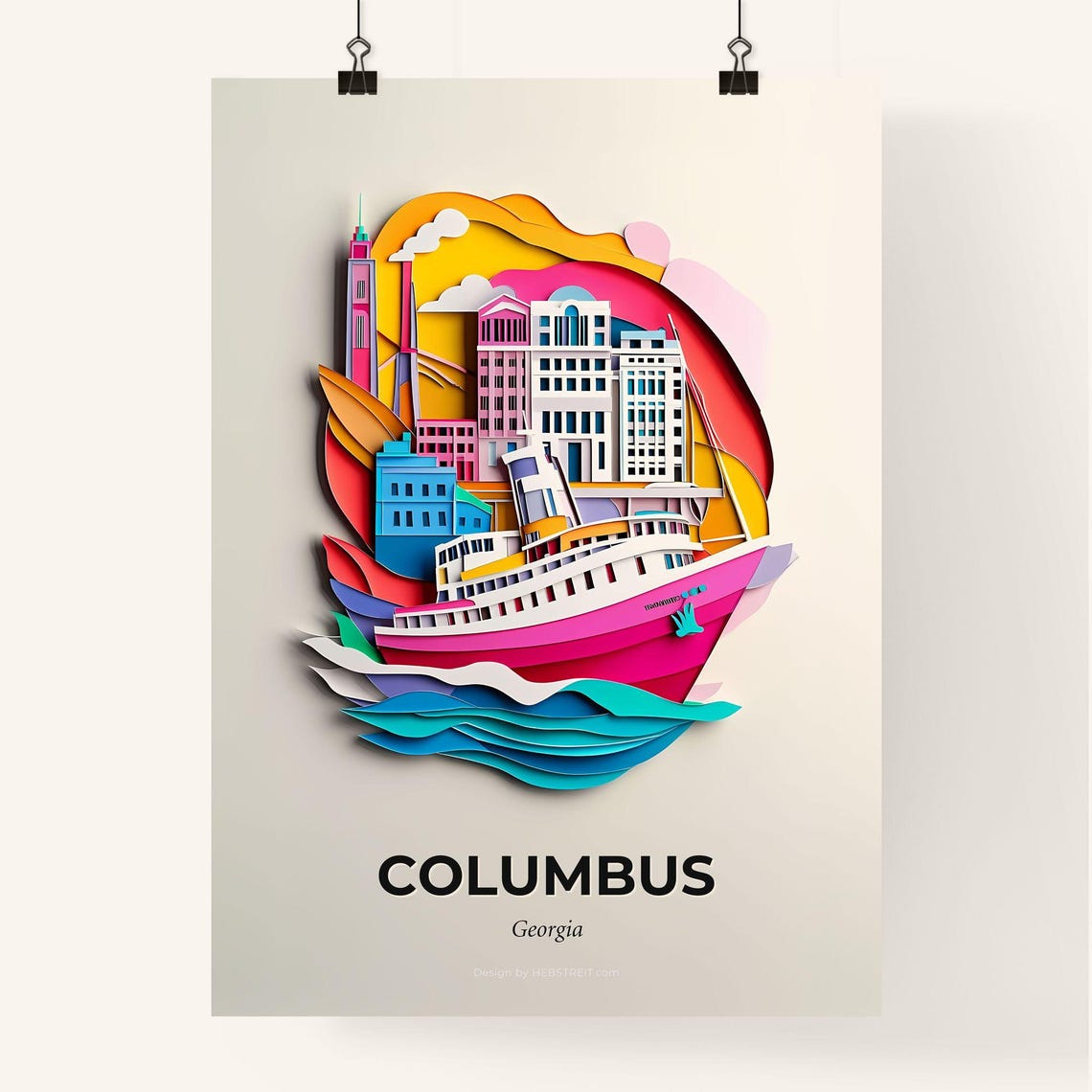 Columbus Georgia Colorful Paper Cut Riverboat City Scene Poster - Image 4