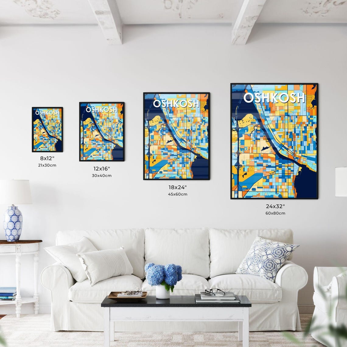 Oshkosh Wisconsin Colorful Blue Orange City Map Mosaic Poster - Image 3
