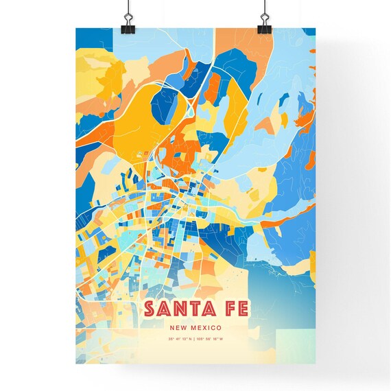 Colorful Blue and Orange Santa Fe New Mexico Street Map Art City Poster