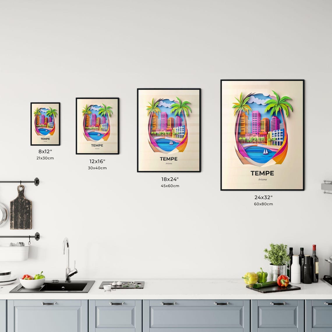 Tempe Arizona Sunny Palm Trees Lake Colorful Paper Cut Poster - Image 3