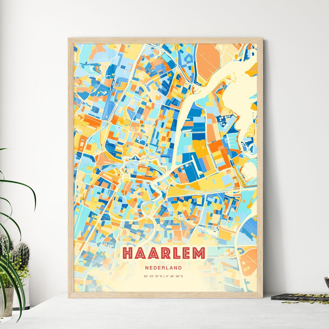 Haarlem Netherlands Blue Orange Colorful City Map Art Poster With Coordinates