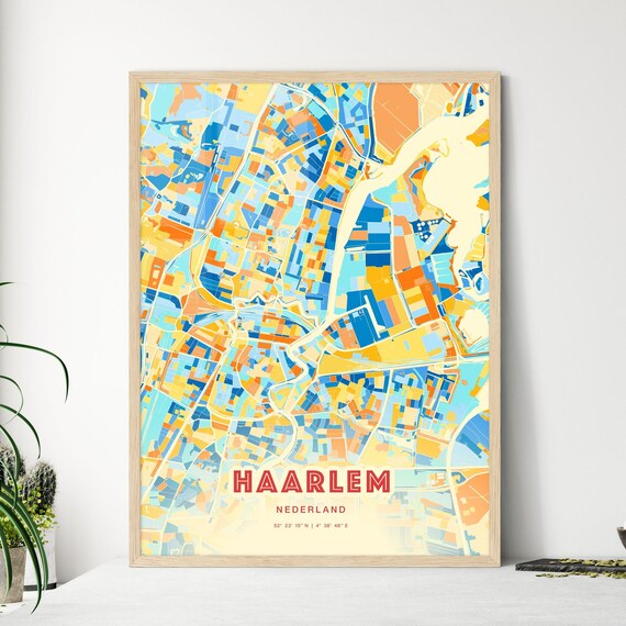 Haarlem Netherlands Blue Orange Colorful City Map Art Poster With Coordinates