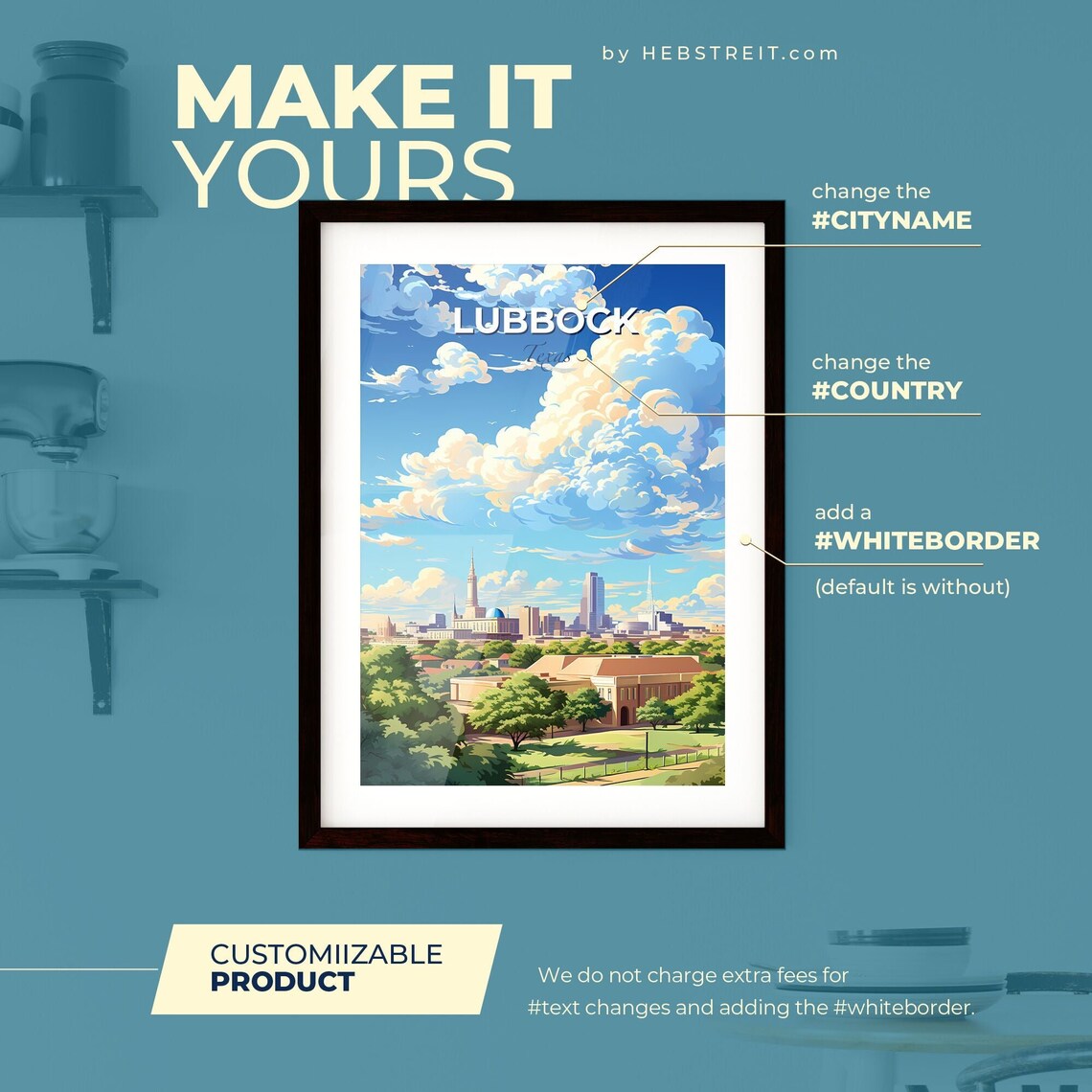 Lubbock Texas Skyline Blue Sky Clouds Green Trees Cityscape Travel Poster - Image 2