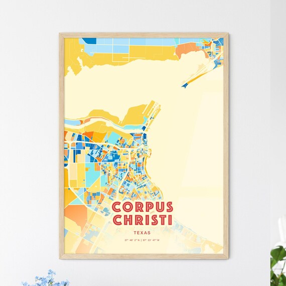 Corpus Christi Texas Blue Orange Bayfront Coastal Map Art Poster