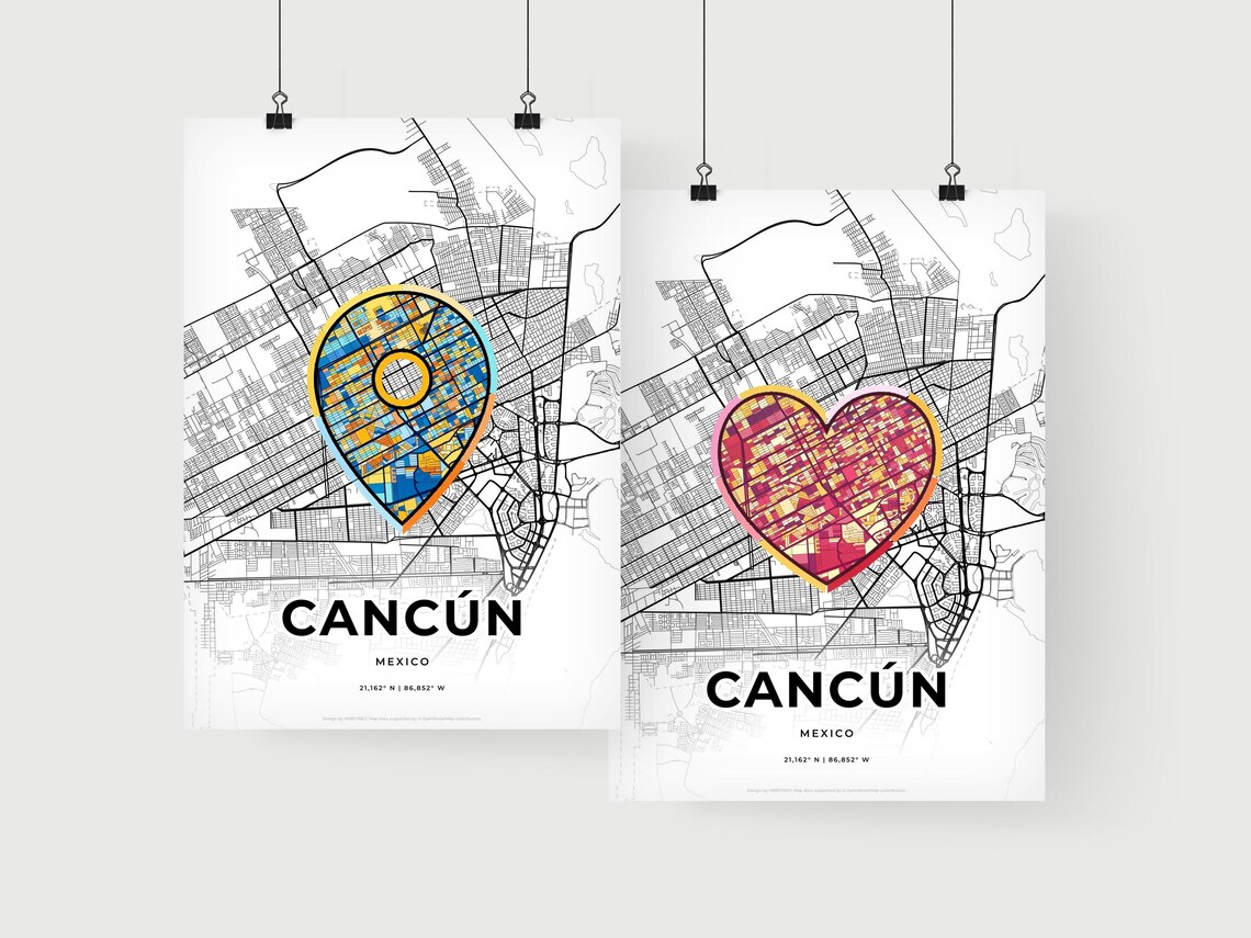 Cancun Mexico Minimal City Map Colorful Heart Icon Art Poster - Image 2
