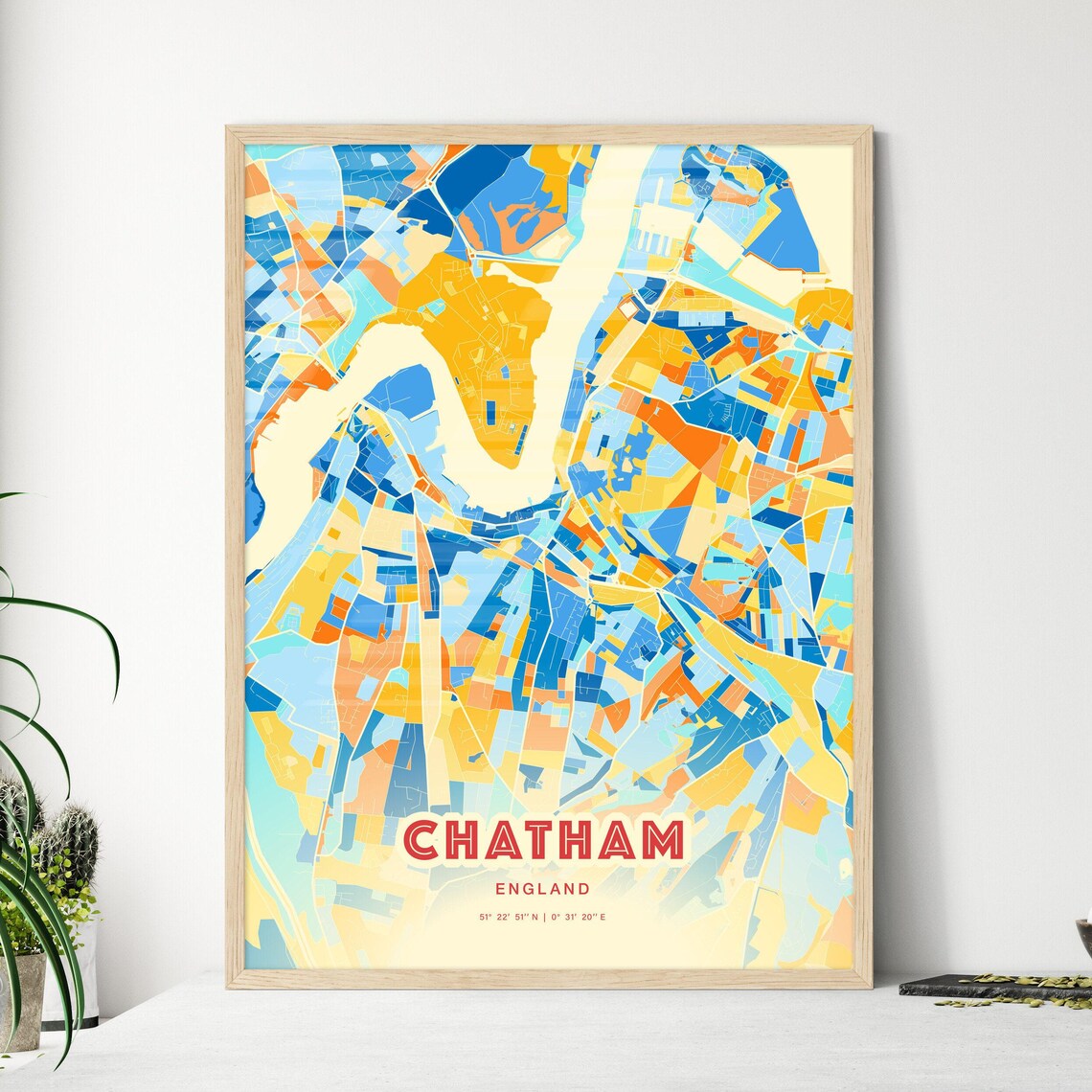 Chatham England Colorful Blue and Orange Retro City Street Map Wall Art