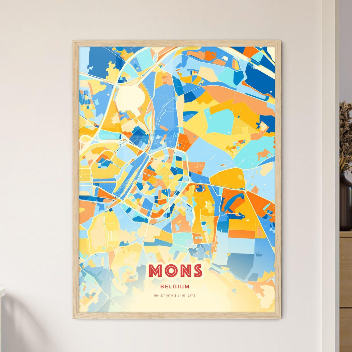 Mons Belgium Blue Orange Colorful City Map Art Poster With Coordinates