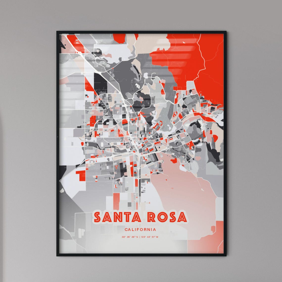 Santa Rosa California City Map Art Modern Red Gray Decor Poster
