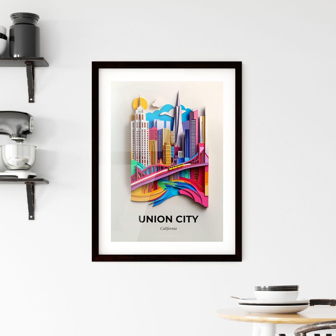 Union City California Skyline Bridge Colorful Paper Cut Poster - Image 2