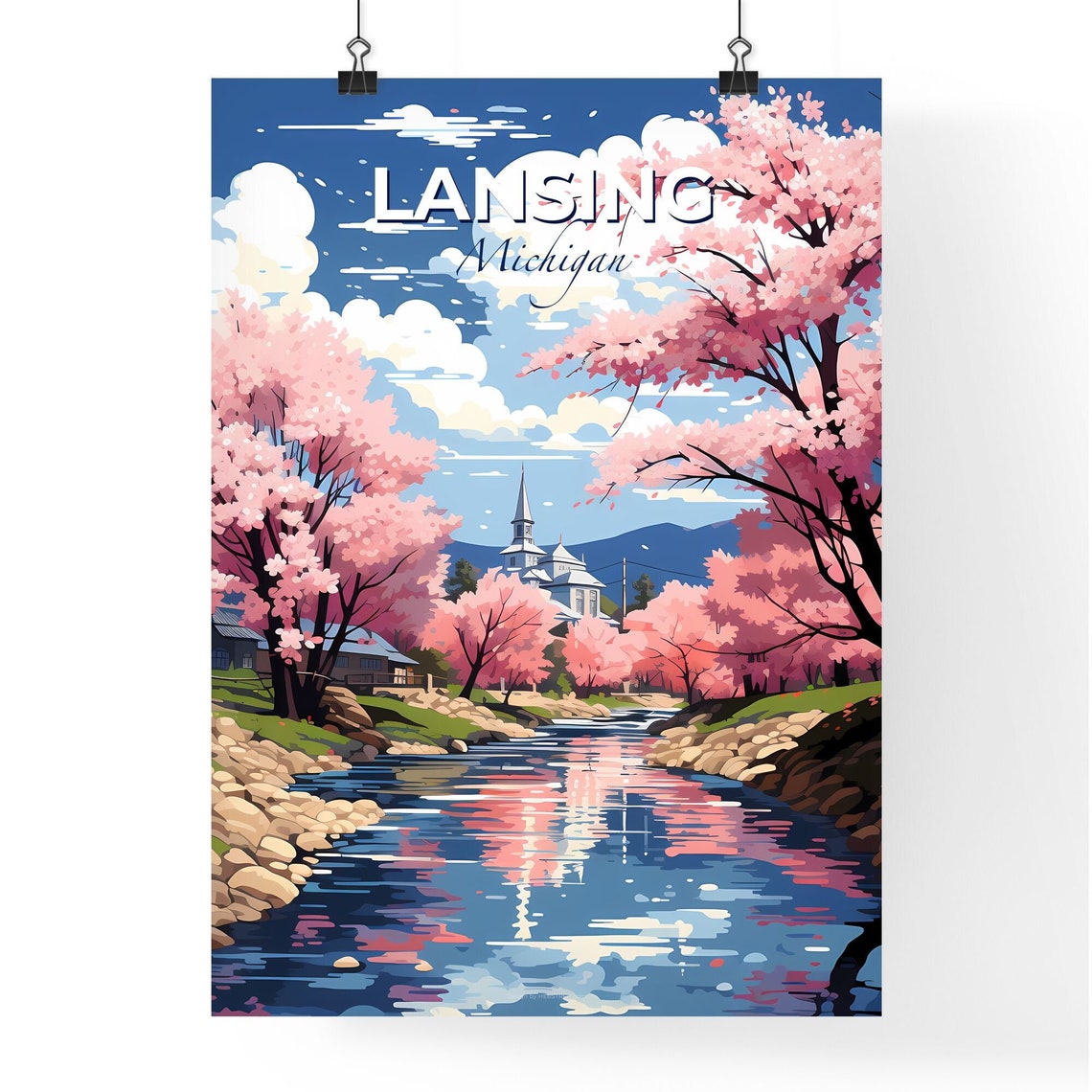 Lansing Michigan Spring Cherry Blossom River Church Steeple Poster - Image 4