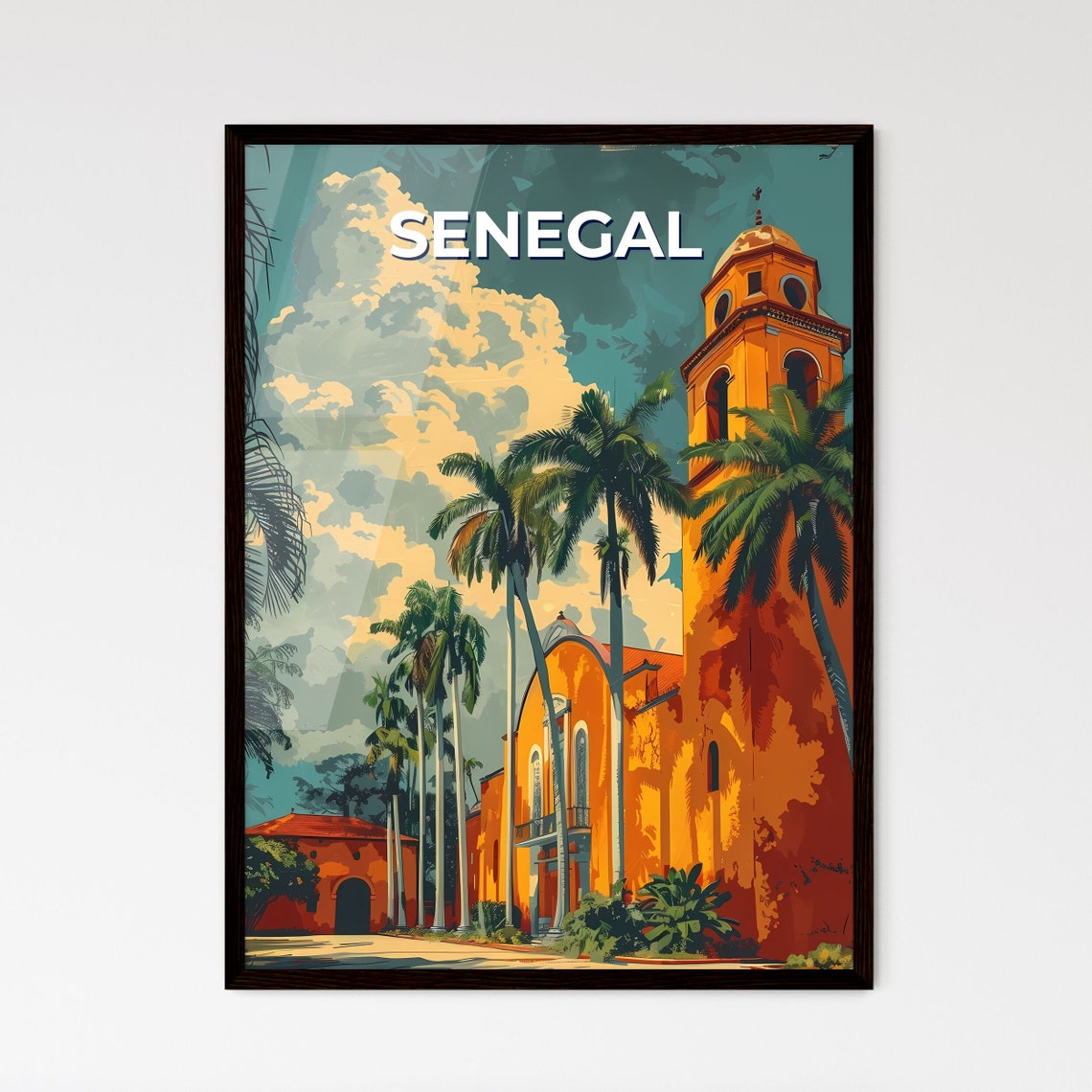 Senegal Orange Colonial Church Palm Trees Vintage Style Poster