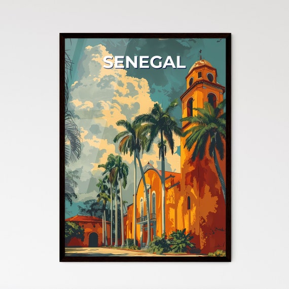 Senegal Africa Colorful Vibrant Painting Of A Building With Palm Trees Travel Destinations Customizable