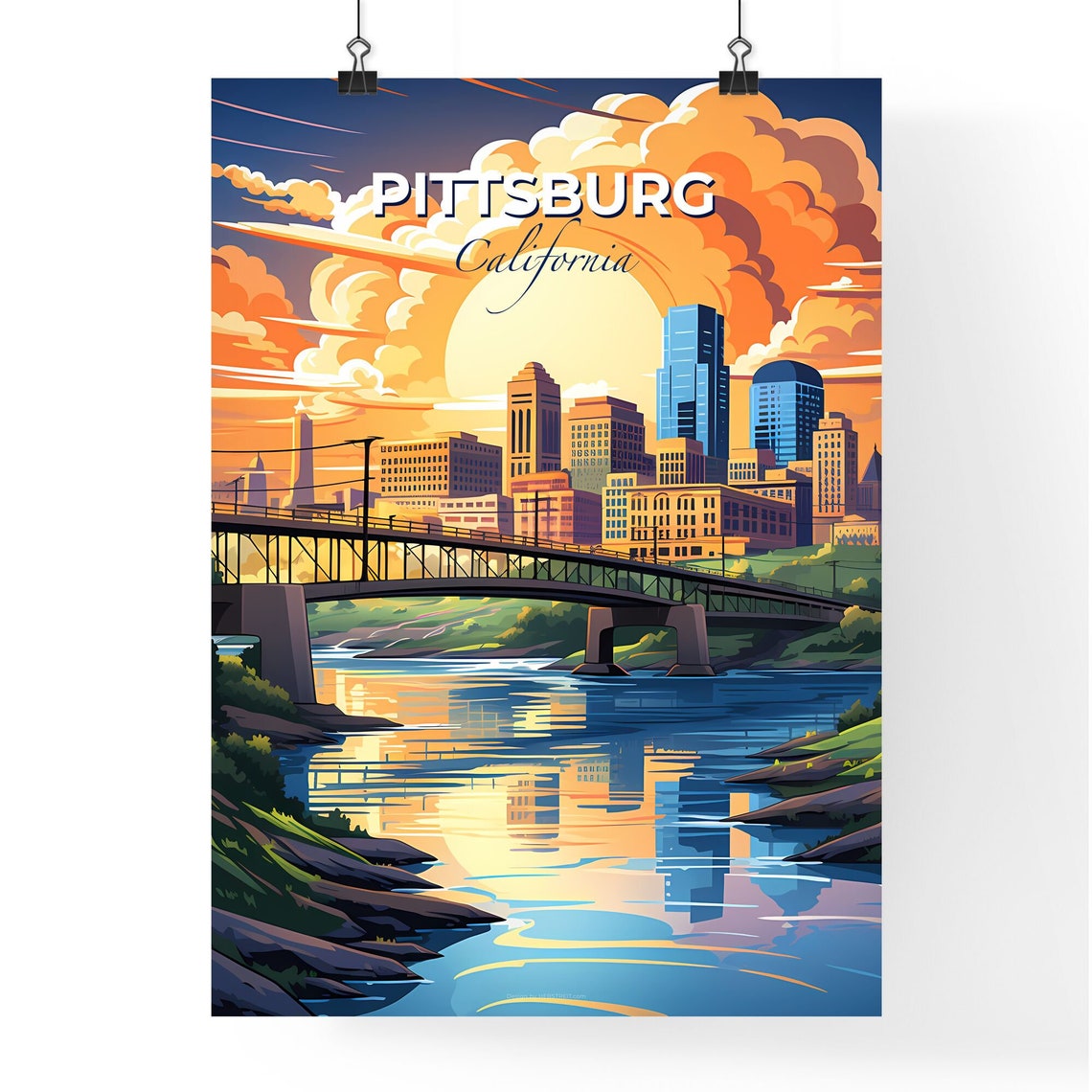 Pittsburg California River Bridge Skyline Sunset Travel Poster - Image 4