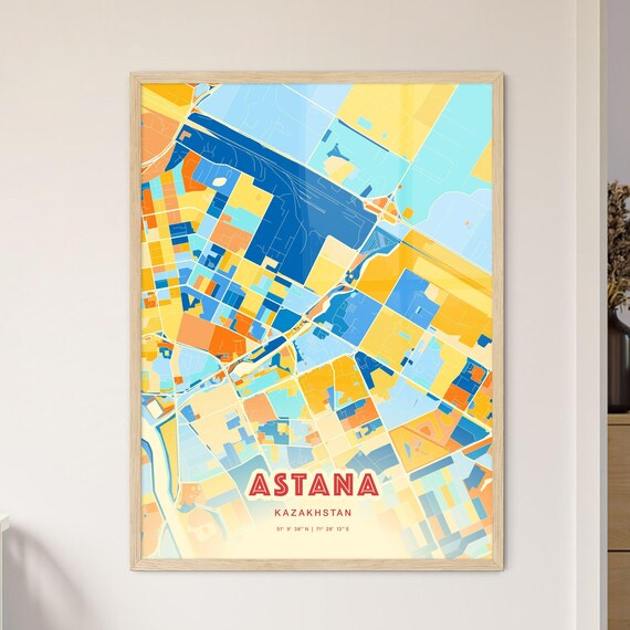 Astana Kazakhstan Blue Orange Colorful City Map Art Poster With Coordinates