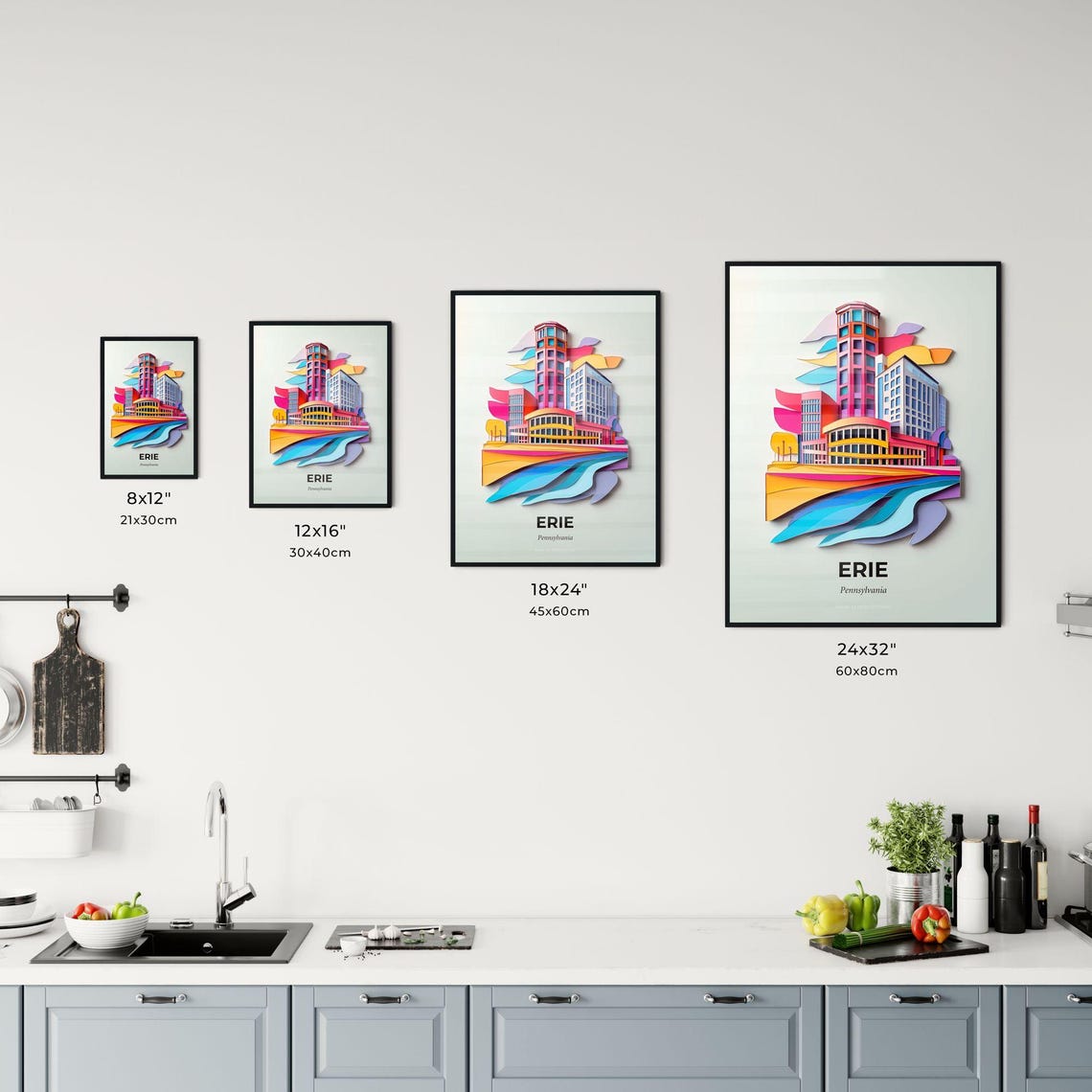 Erie Pennsylvania Colorful Paper Cut Lake City Skyline Poster - Image 3