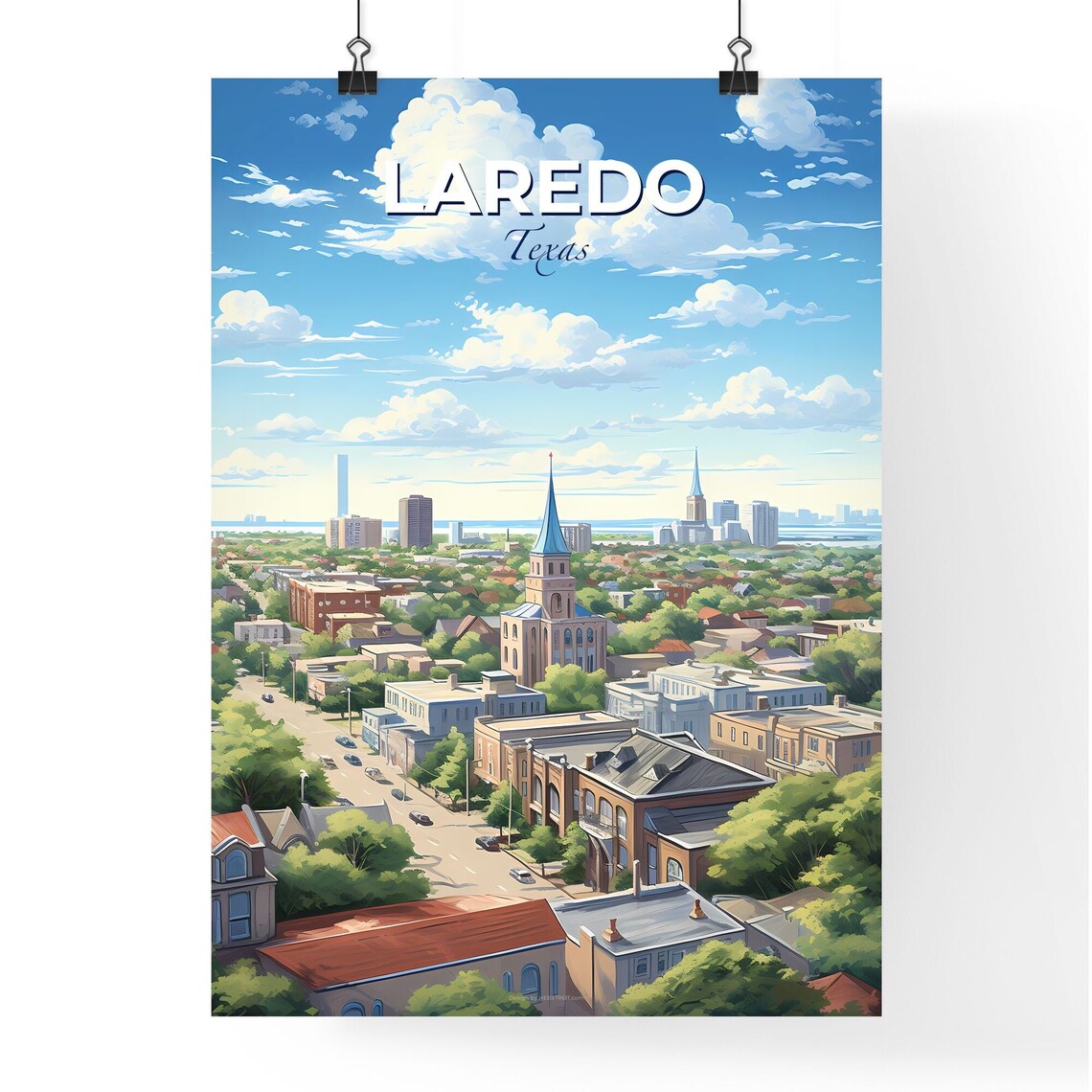 Laredo Texas Aerial City Street Church Spires Vintage Travel Poster - Image 4